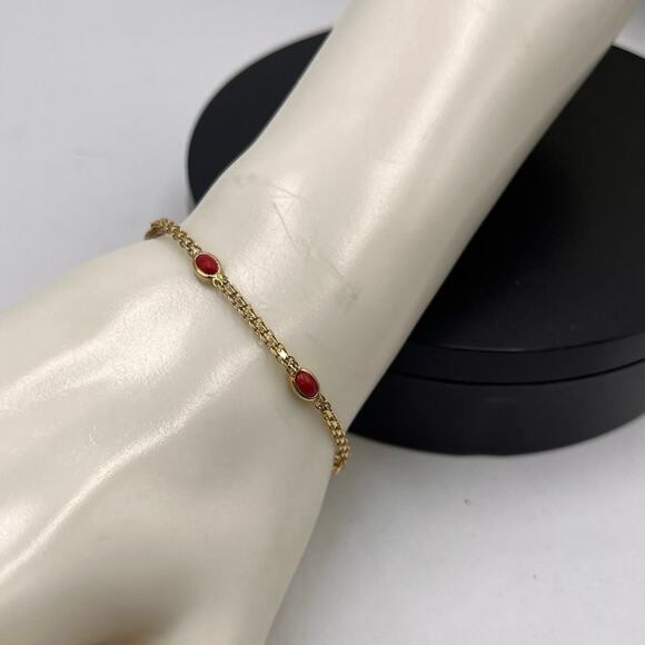 Yellow Gold 14k Italy Byzantine Woven Style Five Oval Coral Cabochons Bracelet - Picture 1 of 10